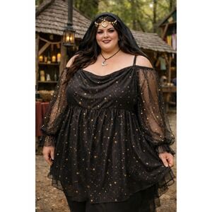 SHEIN FIT+ Black Mesh Star Moon Celestial Puff Sleeve Babydoll Top 5X Witchy